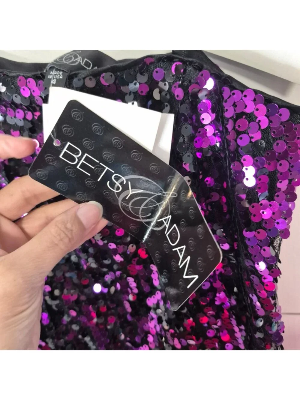 Betsy & Adam One-Shoulder Purple Black Sequin Dress Womens Size 4 Evening Party - Picture 6 of 8
